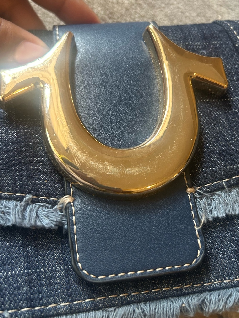 True Religion Dark Blue Frayed Denim Crossbody Bag with Gold Hardware - Picture 7 of 7